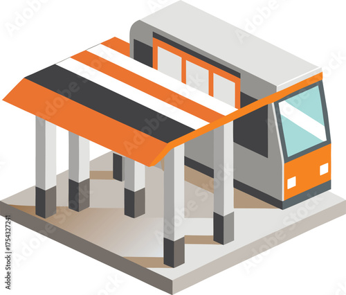 Isometric Train Station with Orange Roof and Train Beside Platform Modern Public Transportation Hub