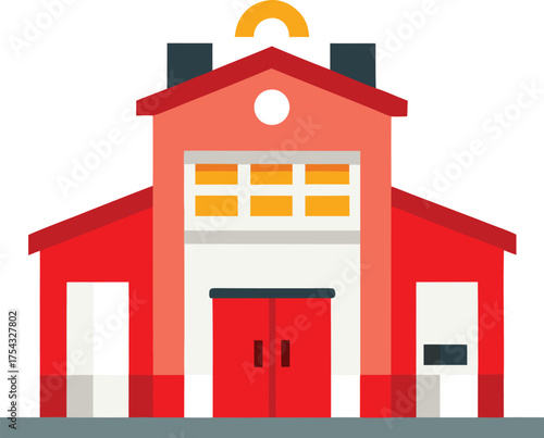 Fire Station Flat Vector Illustration with Large Doors and Bell isolated on a transparent background, Front View