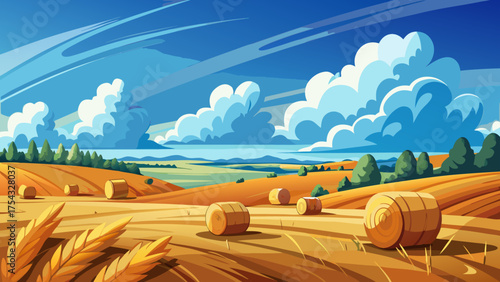 Very beautiful landscape of a freshly cut winter wheat field near Raleigh, North Carolina, under a vast sky filled with puffy white clouds and golden straw bales scattered across the land.