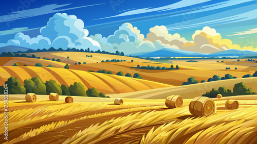Very beautiful landscape of a freshly cut winter wheat field near Raleigh, North Carolina, under a vast sky filled with puffy white clouds and golden straw bales scattered across the land.