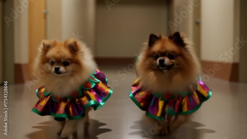 Two pomeranians in tiny festive dresses parade in a solemn polonaise down a hallway, conveying adorable and formal festive grandeur.