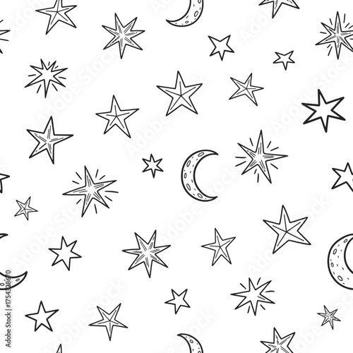 Black and white illustration of a seamless pattern with stars and crescent moons on a white background.