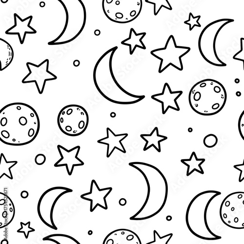 Seamless pattern of moons, stars, and planets on a white background.