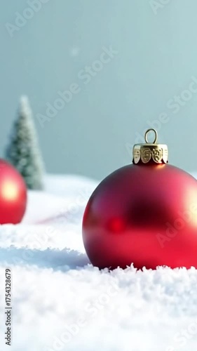 Wallpaper Mural Red Christmas ornaments on a snowy surface with small evergreen trees in the background. The scene evokes a festive winter atmosphere. Torontodigital.ca