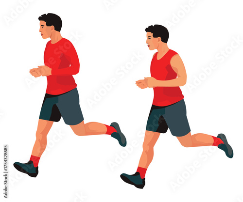 Uzbek athlete jogging in profile during a workout or marathon in a red summer T-shirt and winter sweatshirt