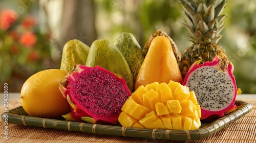 Colorful arrangement of exotic fruits on a table with natural background