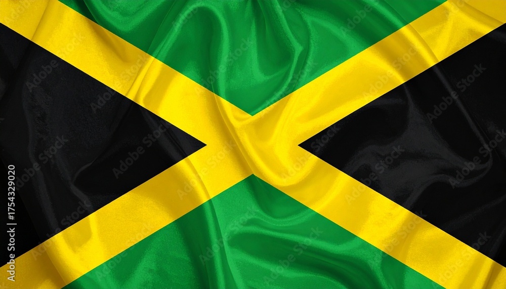 Jamaican flag with gold cross, green and black triangles.