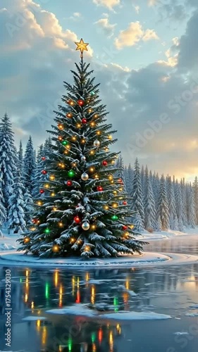 Wallpaper Mural A decorated Christmas tree stands by a frozen lake surrounded by snow-covered pine trees. The sky is bright with clouds and sunlight. Torontodigital.ca