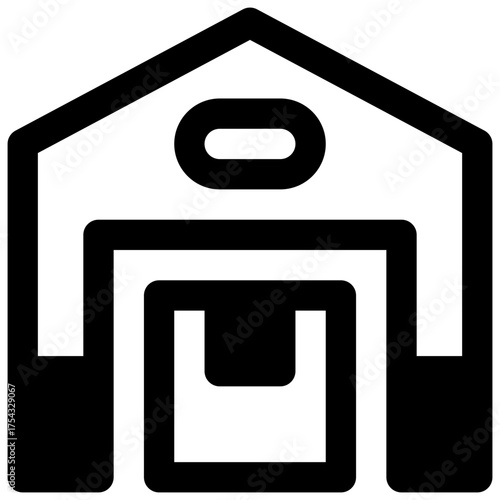 Warehouse. Outlined stroke vector icon with black-filled details.