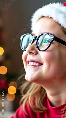Wallpaper Mural Smiling young girl with glasses and a Santa hat. She has light brown hair and is wearing a red sweater. Christmas decorations are visible in the background. Torontodigital.ca