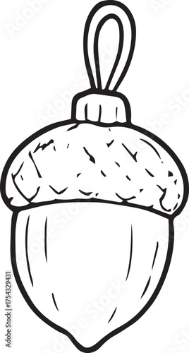 Hand-drawn acorn Christmas ornament in minimalist black and white doodle style. Eco-friendly holiday vector illustration for sustainable Christmas decor, greeting cards, and packaging.