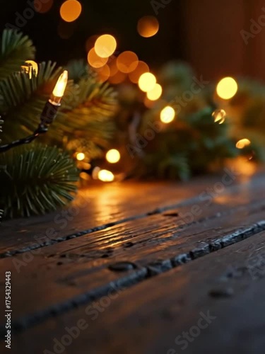 Wallpaper Mural A close-up view of pine branches adorned with warm, glowing lights on a wooden surface. The scene evokes a cozy, festive atmosphere. Torontodigital.ca