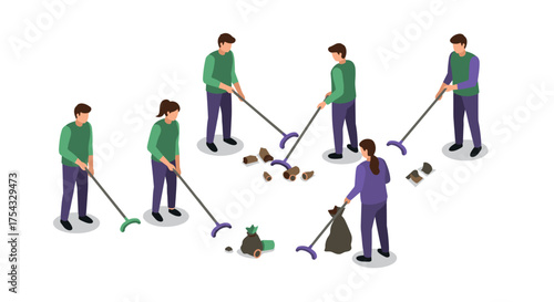 Community cleanup with volunteers collecting litter in isometric style