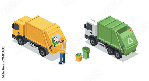 Isometric waste management trucks with worker and recycling bins