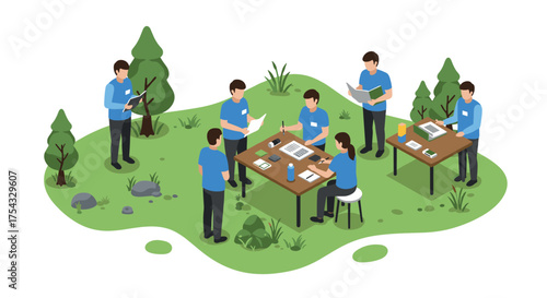Team collaboration in an open office environment with nature-inspired isometric design