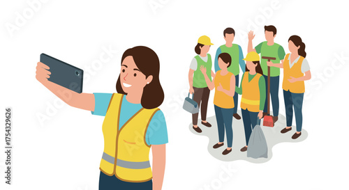 Group of volunteers in safety vests taking selfie after cleanup activity