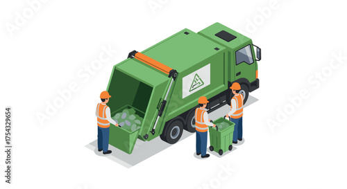 Isometric garbage truck with workers in safety vests collecting recycling waste