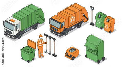 Isometric waste management scene with recycling trucks and containers