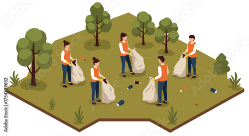 Isometric team cleaning up a park with volunteers in nature scene