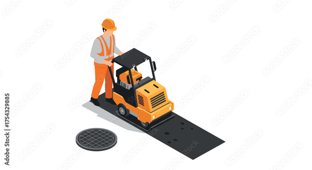 Fototapeta premium Isometric road worker operating pavement roller machine for construction projects