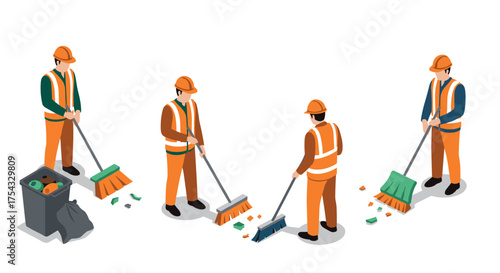 Isometric street cleaners in safety gear sweeping litter