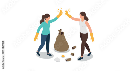 Isometric teamwork: women celebrating successful cleanup of litter and waste together