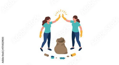 Women high-fiving after successful community clean-up effort with recyclables