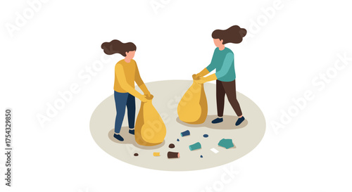 Isometric illustration of two people collecting garbage in bags for recycling