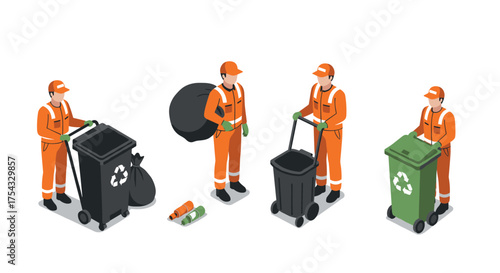 Waste management workers in isometric style collecting and sorting recycling
