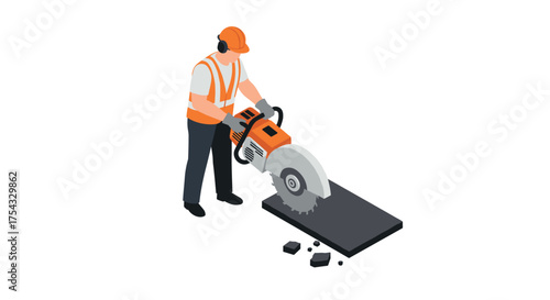 Construction worker using concrete saw in safety gear isometric style