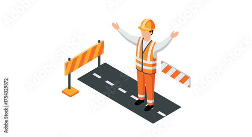 Isometric construction worker directing traffic on road with safety barriers