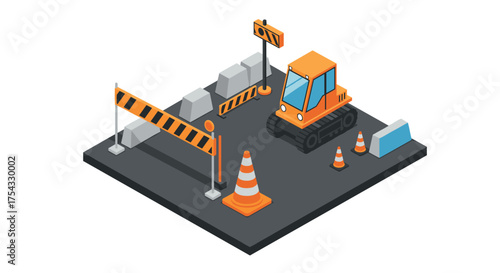 Isometric construction site with bulldozer and traffic cones in modern flat design