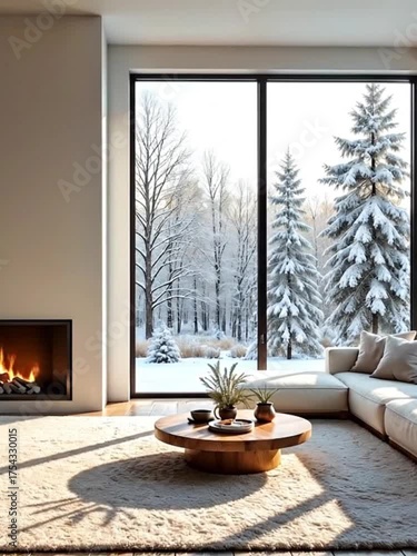 Wallpaper Mural A decorated Christmas tree stands beside a modern fireplace. Snow-covered trees are visible through a large window, creating a cozy winter atmosphere. Torontodigital.ca