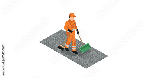 Isometric street cleaner in orange uniform sweeping on cobbled pathway