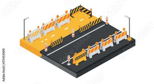 Isometric road construction scene with traffic barriers and safety cones