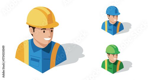 Construction worker avatars with hard hats in isometric style on white background