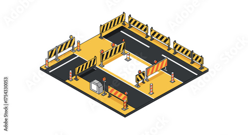 Isometric construction site with road barriers and safety cones in urban setting