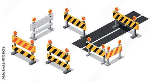 Isometric road barrier collection with roadblock signs for construction and safety
