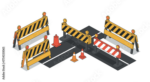 Isometric road construction barriers in urban setting with traffic signs