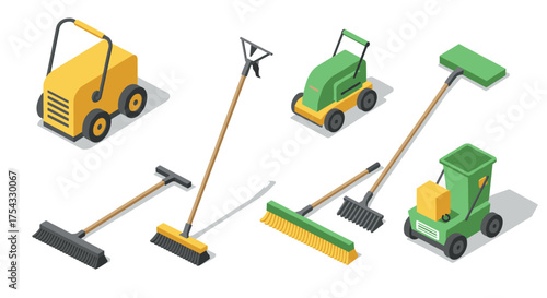 Colorful isometric gardening and cleaning tools set for landscaping projects