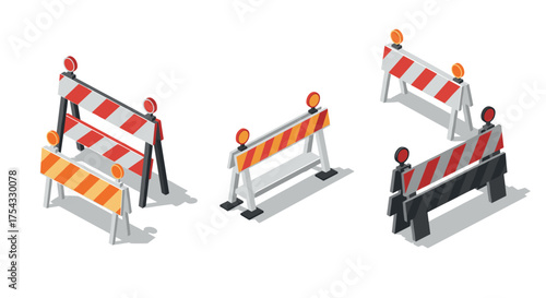 Isometric construction barriers with orange warning lights for road safety