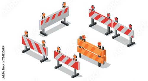 Isometric construction barriers set with orange safety lights