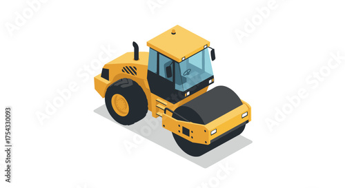 Isometric yellow road roller with shadow on white background