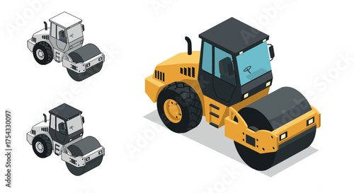 Isometric road roller set: colorful, monochrome, outline variations