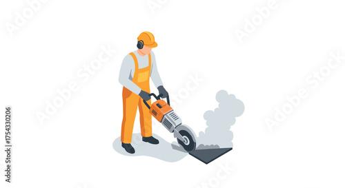 Isometric worker cutting concrete with saw