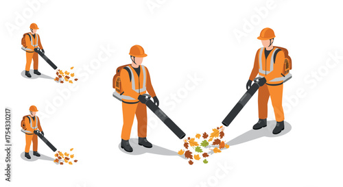 Isometric workers cleaning leaves with leaf blowers in autumn scene