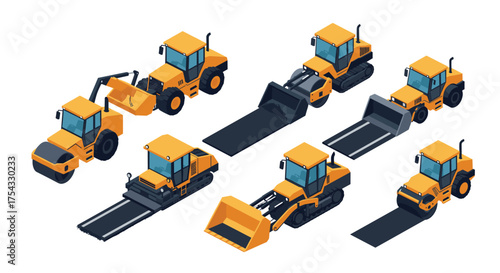 Isometric construction vehicles set: detailed heavy machinery icons collection