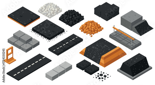 Isometric construction materials collection featuring asphalt, concrete, and gravel elements