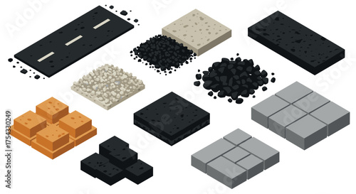 Isometric construction materials set: asphalt, concrete, stone, gravel