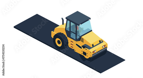 Isometric road roller on asphalt path: construction equipment in 3d design